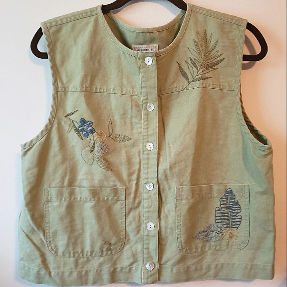 Vintage retro linen cotton blend floral embroidered button down tank top vest